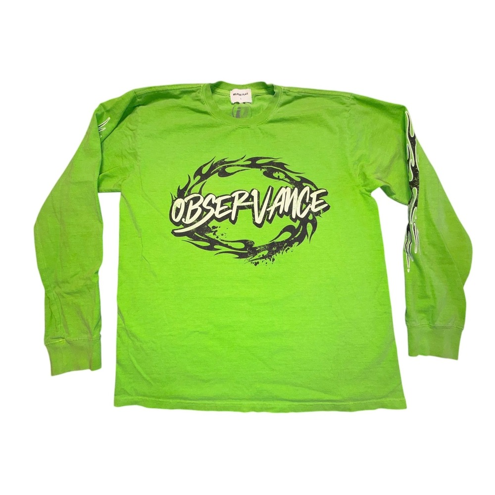 Melrose Place Mens Observance Graphic Long Sleeve T-Shirt Neon Green Flame L‎